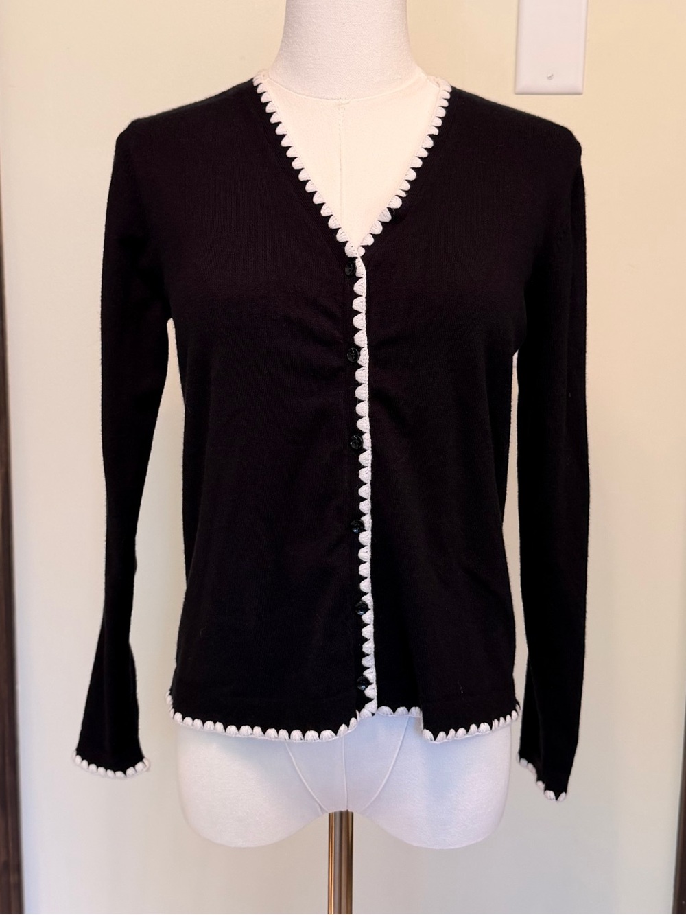 Vila Milano Black Cardigan with White Scalloped Trim